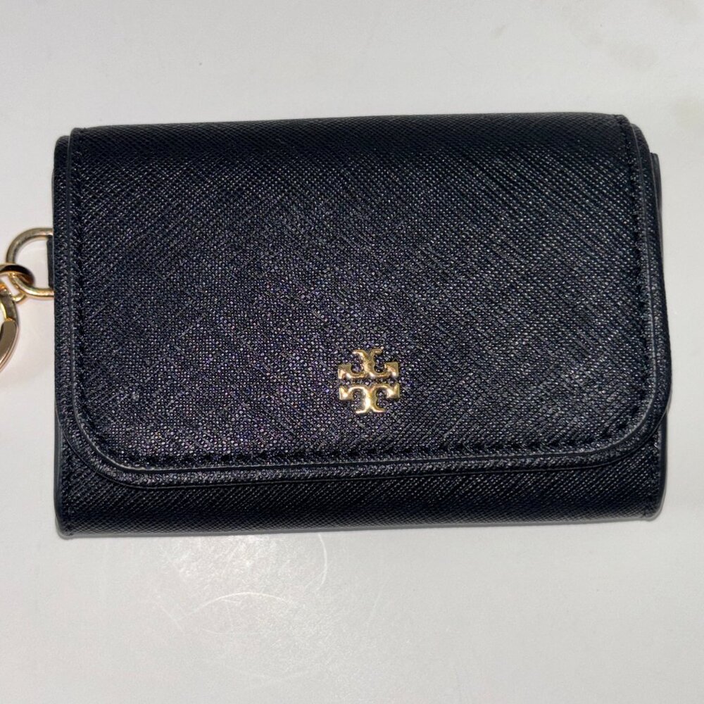 Tory Burch Emerson Flap Card Case Key Ring Coin Pouch Wallet Black . Saffiano l - Picture 2 of 6